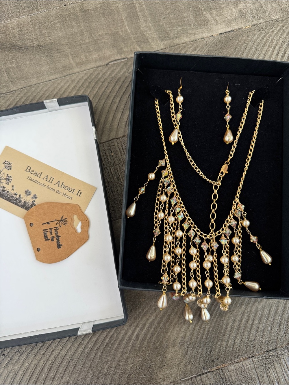 Gold Pearl Fringe Necklace and Drop Earring Set